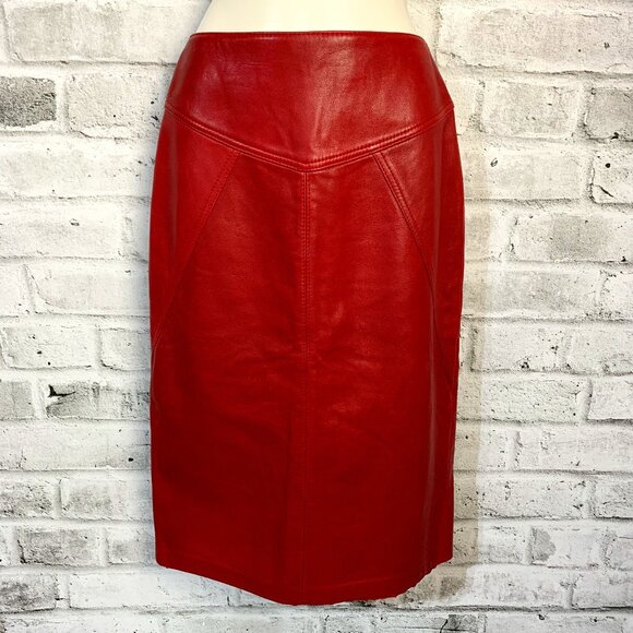 Vintage 90s Originaux Par Pablo Red Leather Pencil Midi Skirt - Picture 1 of 12